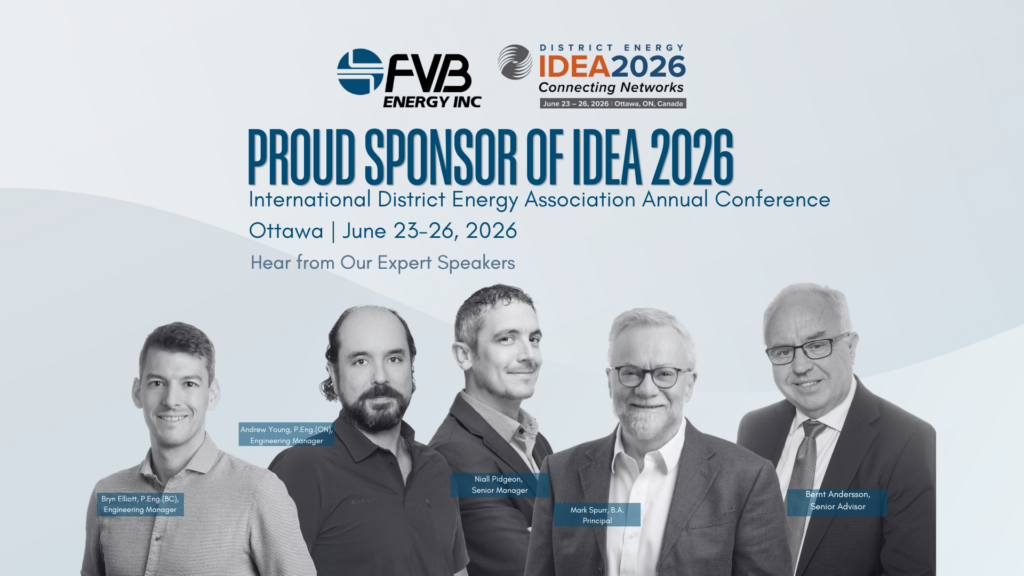 Promotional graphic showing FVB Energy’s sponsorship of the IDEA 2026 district energy conference in Ottawa, highlighting featured speakers and June 2026 event information
