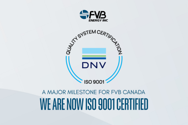 Graphic showing the FVB Energy Inc. logo above a DNV ISO 9001 certification badge, highlighting FVB Energy's expertise in district energy systems.