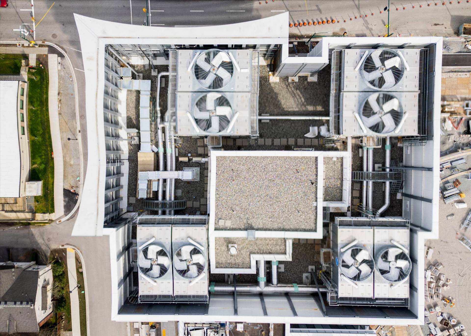 Aerial view of rooftop mechanical equipment and ventilation units at the Oakridge Centre Redevelopment.