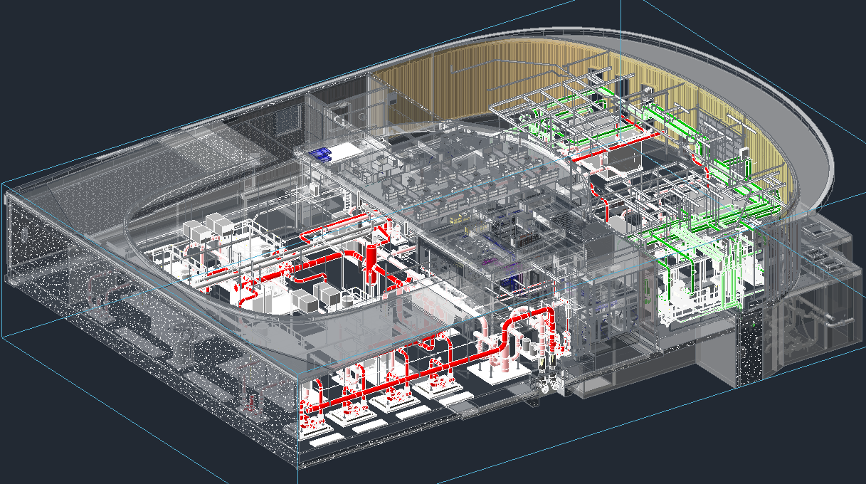 3D cutaway view of a district energy facility highlighting internal mechanical systems, colour‑coded piping networks, and plant equipment layout.